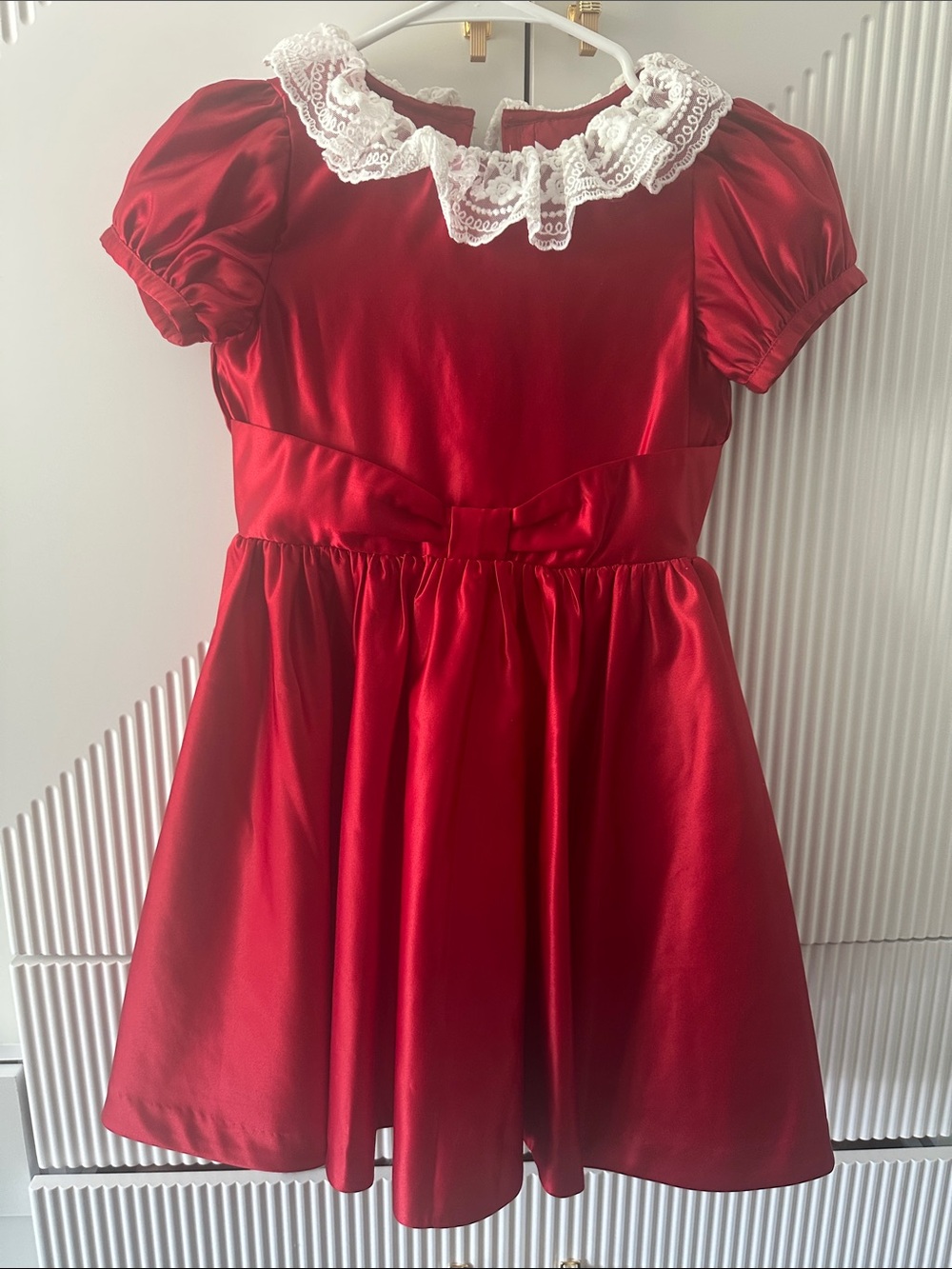 American Girl Red Satin Dress with White Lace Collar